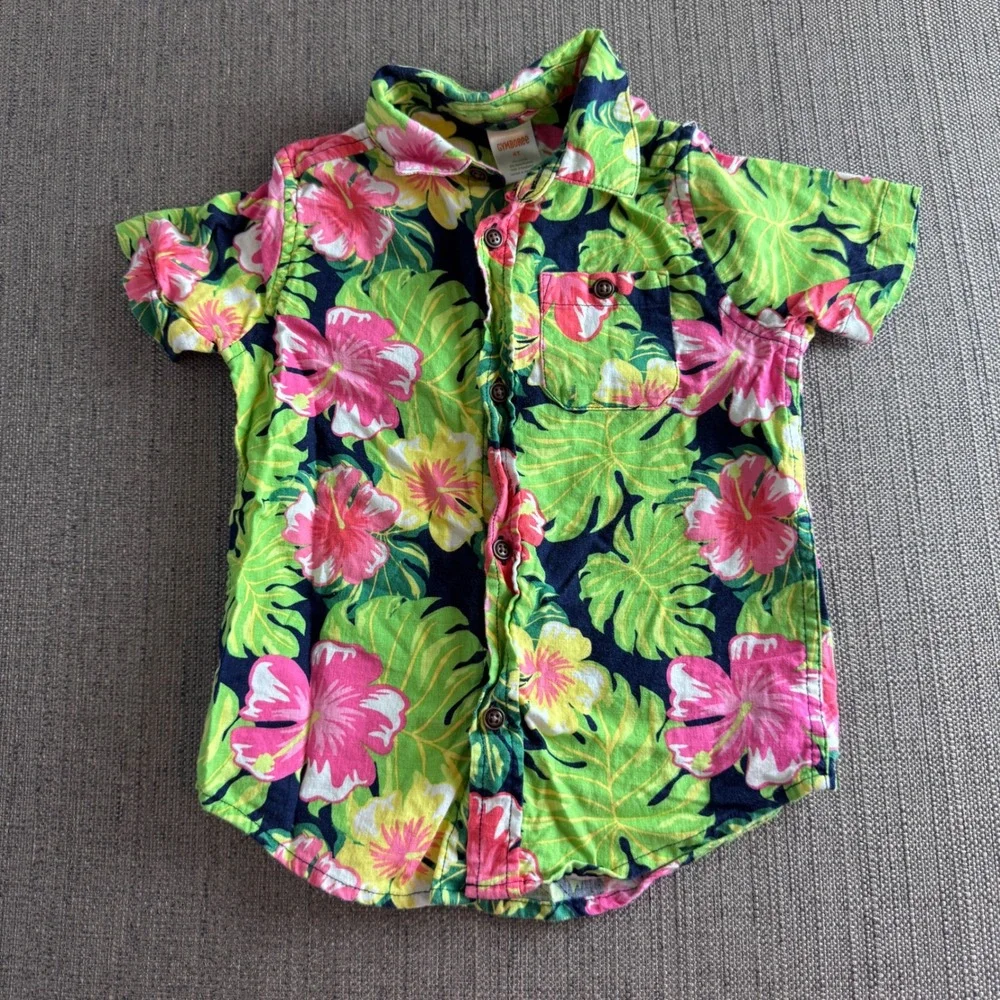 Gymboree Boys 4T Tropical Hibiscus Linen Blend Button Down Shirt Navy Pink Green